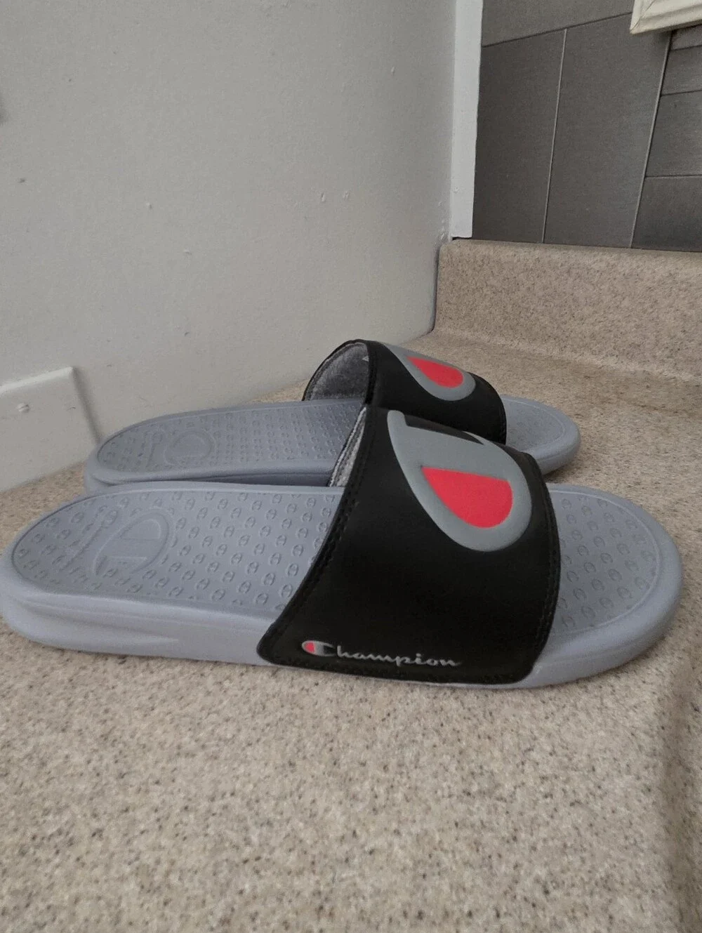 Champion IPO Men Large Logo Slides Sandals Flip Flops Size 8 Black White New